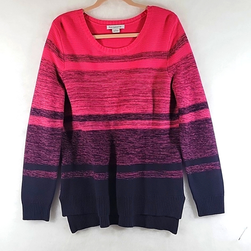 LIZ CLAIBORNE Ombre Hot Pink to Navy Blue Rounded Neckline Long Sleeve Sweater L